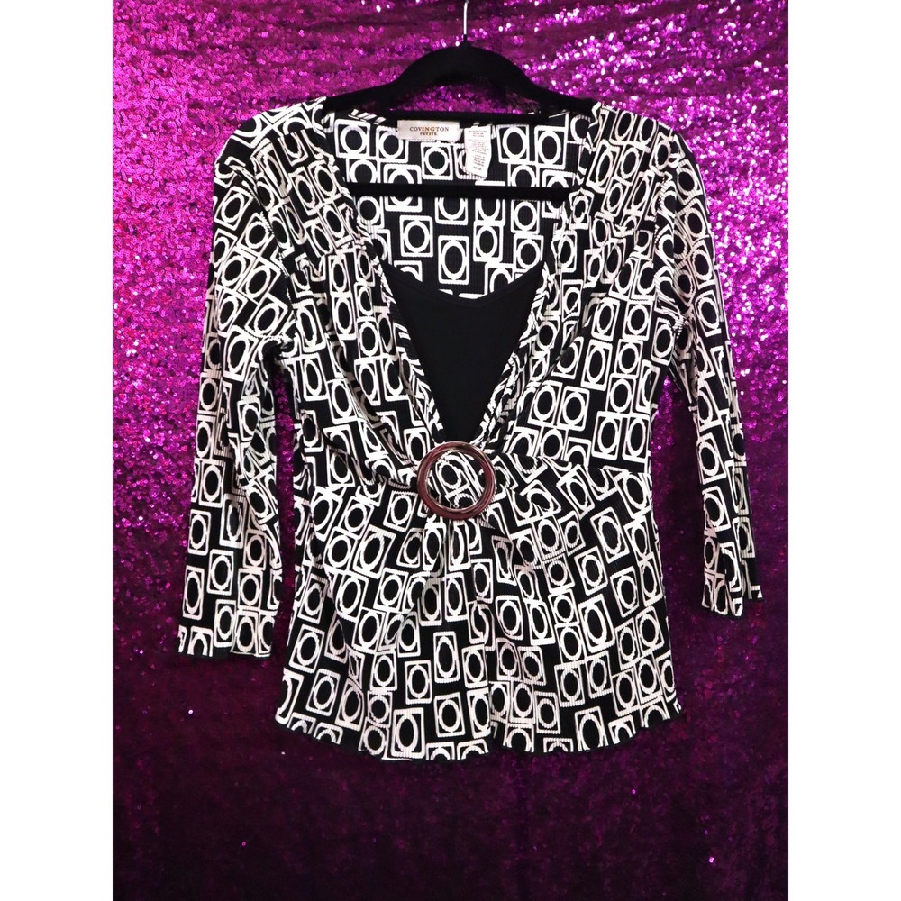 Black Geometric Print Top MP Covington Women Ring Detail 3/4 Sleeve Blouse